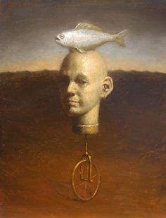 a painting of a man with a fish on his head