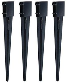 four black plastic poles with one pole sticking out