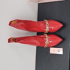 Nwt, Nib But No Lid, Juicy Couture Red High Heel Boots Absolutely Stunning Very Sexy Juicy Is Written Across The Toes With A Rose Tone Chain And Clear Crystal Spelling Out Juicy! 3 Inch Heel, Size 7.5. Trendy Boots With Red Sole And Pointed Toe, Trendy Pointed Toe Boots With Red Sole, Bold Pointed Toe Boots For Parties, Red Party Boots With Red Sole, Party Boots With Red Sole And Almond Toe, Trendy Formal Boots With Red Sole, Red Pointed Toe Boots For Party, Trendy Red Boots For Evening, Trendy Red Evening Boots