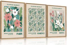 three flower market posters hanging on the wall in front of a white background with green and pink flowers