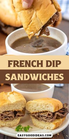 french dip sandwiches on a plate with dipping sauce in the middle and another sandwich cut in half