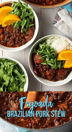 three bowls filled with different types of food on top of a white table next to rice and orange slices