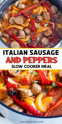 Slow cooker with sweet bell peppers with Italian sausage with Pinterest overlay. Dinner With Italian Sausage, Crockpot Italian Sausage, Easy Slow Cooker Dinner, Sausage And Peppers Recipe