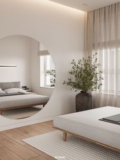 a bedroom with a bed, mirror and potted plant in the corner next to it