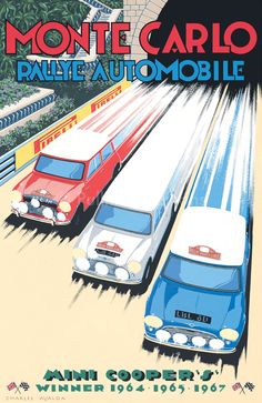 an advertisement for monte carlo rally automobile shows two cars driving down the track, with another car behind them