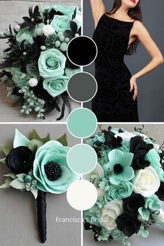 a collage of photos with flowers and black, white and green colors in them