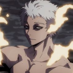 an anime character with white hair and black eyes looks at the camera while surrounded by flames