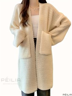 Peilia - Professional Open-Front Chunky Knit Cardigan: A Long-Sleeved, Mid-Length Sweater with Pockets for Womens Casual Attire White Acrylic Sweater Coat For Fall, Winter White Long Sleeve Cardigan With Pockets, Textured Knit Acrylic Long Sleeve Outerwear, Textured Knit Acrylic Outerwear With Long Sleeves, White Soft Knit Long Sleeve Sweater Coat, White Soft Knit Sweater Coat, White Long Sleeve Soft Knit Sweater Coat, Textured Knit Acrylic Outerwear, Casual Long Sleeve Cream Sweater Coat