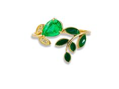 "Floral" ring with enamel green leaves with emerald, diamonds in 14k gold. Open ended ring with emerald Weight: 2.1 g. Set with emerald. Pear shape, approx 1 ct, green color. Clarity: SI Surrounding stone - diamond 0.10 ct (G/Vs), round brilliant cut. Some leaves are covered with enamel. Fine Jewelry Green Ring With Rose Cut Diamonds, Green Enamel Ring For Formal Occasions, Elegant Green Oval Enamel Ring, Oval Green Enamel Anniversary Ring, Green Oval Enamel Ring For Anniversary, Green Oval Enamel Anniversary Ring, Green Oval Enamel Ring For Formal Occasions, Elegant Green Enamel Gemstone Ring, Formal Oval Green Enamel Ring