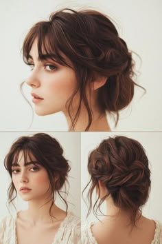 side swept bangs, hairstyles, style Hairdo With Bangs Wedding, Romantic Hairdos For Wedding, Alexa Chung Updo, Curtain Bangs Low Bun Hairstyle, Wedding Hair Swept To The Side, Bridal Hair Fringe Bangs, Wedding Hairstyles Bangs Updo, Wedding Hairstyles For Long Hair Side, Hairstyle Bangs Wedding