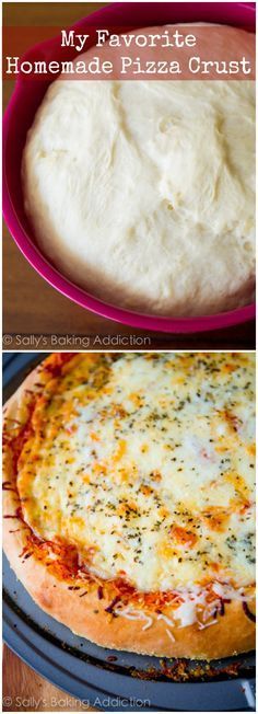 homemade pizza crust in a pink bowl and on a blue pan