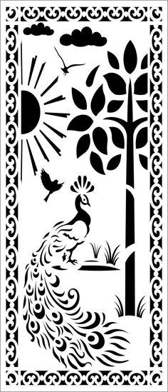 an ornamental design with peacocks and trees in black and white, on a white background