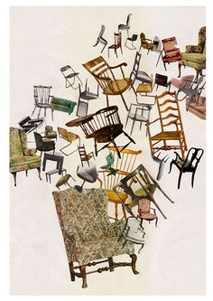 a collage of chairs and tables arranged in the shape of a heart on a white background