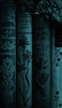 the books are lined up on the shelf in the dark, with flowers painted on them