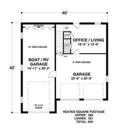 the floor plan for a two story house with garage and living room, as well as an office