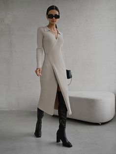 LICHI - Online fashion store :: Ribbed-knit wrap midi dress Woolen Dresses, Hepburn Style, Club Party Dresses, Long Sleeve Sweater Dress, Knitted Dress, Mid Dresses, Long Sleeve Midi, Knit Midi, Knit Midi Dress