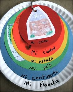 a paper plate with three different colored plates on it, each containing a child's name