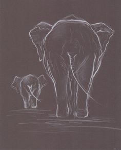 a drawing of an elephant and its baby standing in front of each other on a black background