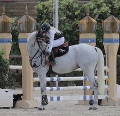 a woman riding on the back of a white horse