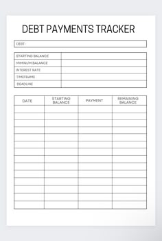 a printable debt payment tracker is shown in black and white, with the words'debt