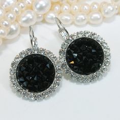 "Black Earrings Black Crystal Earrings Black premium Crystal Earrings Jet Black drop halo earrings,Small \"Pizza\" element Silver,Jet, SE105 A sparkly pair of Drop Earrings made with two genuine 15mm premium \"Pizza\" elements with lots of sparkly crystals, surrounded with additional premium crystal Halo chain. All is made of premium high quality crystals. Total diameter of each earring 7/8\" (21mm) Total Length of earring 11/4\" (31mm) Will add Glitz and Glamour sparks to your outfit. Distinct Small Pizza, Black Crystal Earrings, Gold Jewelry Sets, Halo Earrings, Swarovski Crystal Earrings, Wedding Jewelry Earrings, Crystal Ab, Earrings Black, Black Earrings