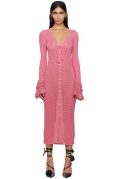 Blumarine - Pink Button Midi Dress Pointelle Dress, Blumarine Dress, Button Midi Dress, Minimalist Wardrobe Essentials, Y2k Knit, Dorothy Dandridge, Pointelle Knit, Knit Fashion, Scalloped Edge