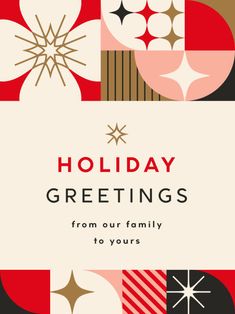 holiday greetings from our family to yours with an abstract design and gold stars on the top