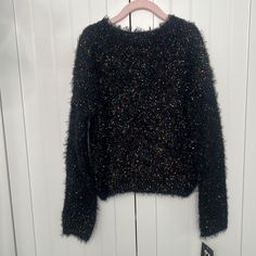 New Fuzzy Sweater With Black With Colorful Thread Woven Through. It's Soft And Not Too Warm Casual Winter Sweater For Parties, Colorful Trendy Winter Tops, Trendy Colorful Winter Tops, Casual Long Sleeve Party Sweater, Trendy Multicolor Winter Top, Casual Multicolor Outerwear For Party, Trendy Party Sweater With Crew Neck, Trendy Crew Neck Sweater For Party, Casual Crew Neck Sweater For Party