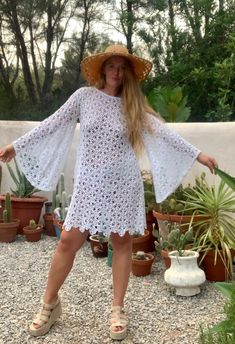 Very cool vintage white crochet oversized bell sleeve dress up-cycled by Vagabond Ibiza We hand source antique and vintage crochet & lace textiles and up-cycle it here in Ibiza in to unique on off a kind garment just for you. Due to the nature there could be some imperfections but we do our best to only recycle mint condition textiles. Hand made in Ibiza with Love Size is Small Condition is perfect Vintage Crochet Dresses, Clothing Exchange, Long Waistcoat, White Crochet Dress, Crochet Jacket, Antique Lace, Cotton Crochet, Bell Sleeve Dress, Lace Fashion