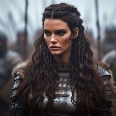 Elegant Viking Hair, Brunette Viking Hair, Viking Hairstyles Women Curly Hair, Warrior Braids Woman Hairstyles, Fantasy Long Hairstyles, Nordic Hair Color, Sansa Hairstyles, Viking Womens Hairstyles, Shield Maiden Hairstyles