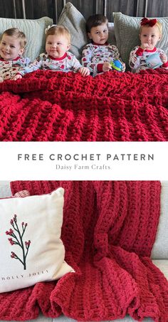 three babies laying in bed under a red crochet blanket with text overlay that says free crochet pattern day farm crafts