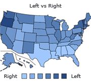 a map with different states labeled in blue and the words left vs right on it