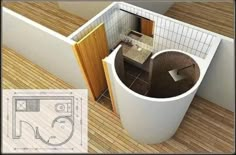 an image of a toilet in the middle of a room with wood flooring and walls