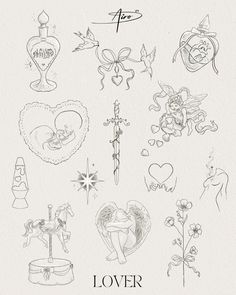 an image of tattoos on paper with the words lover written in black and white ink