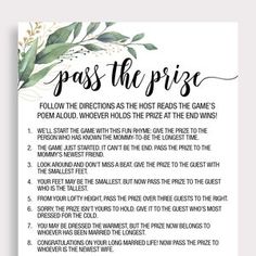 a poster with the words pass the prize and flowers in black ink on white paper