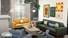 a living room with couches, chairs and pictures on the wall above them that say sims