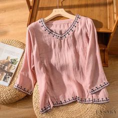 Lasaky - Artistic and Vintage Style Cotton Blouse with Embroidery Design, Loose Fit and Three-Quarter Sleeves Linen Decoration, Fitted Cotton Top, Loose Dress Pattern, Embroidery Collar, Embroidered Cotton Top, Linen Top Women, Mid Length Sleeves, Blouse Models, Summer Pattern