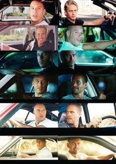 many different images of men in cars with one man driving and the other looking at something