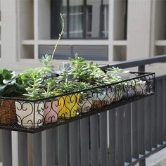 a metal planter filled with succulents and plants on top of a balcony