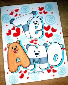 a card with two bears and the word love written in large letters, surrounded by hearts