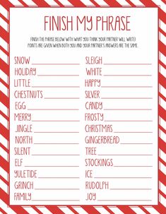 a red and white striped printable christmas wish list with words that say, finish my phrase