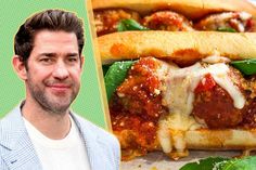 a man standing in front of a pizza with meatballs and cheese on it, next to a photo of the same sandwich