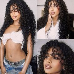 three pictures of a woman with long curly hair wearing a white crop top and jeans