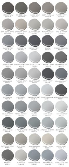 the different shades of gray paint for walls and ceilings, with names on each side