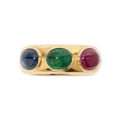 Bandring Mit Rubin, Saphir Und Smaragd-cabochon, 750 Gelbgold Ring With Ruby, Emerald Cabochon, Retro Band, Yellow Gold Cocktail Ring, White Gold Set, Gold Cocktail Ring, Ruby Sapphire, Ruby Earrings, Gold Band Ring