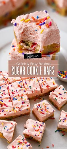 sugar cookie bars with pink frosting and sprinkles on a white plate