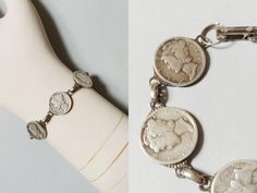 "1950s Liberty dime bracelet ~Five Liberty dimes ~Latch closure  Condition: Very good. Wear to dimes and original end ring has been replaced Measurements Length: 6.75\"(best for a smaller wrist) Width: 11/16\" Message us with any questions! Sarah Vogt" Vintage Jubilee Bracelet, Retro Round Jewelry With Vintage Charm, Collectible Vintage Round Jewelry, Collectible Round Vintage Jewelry, Vintage Silver Coin Bracelet, Vintage Silver Coin Bracelets, Vintage Jewelry With Jubilee Bracelet For Collectors, Retro Nickel Free Jewelry For Anniversary, Retro Collectible Jewelry