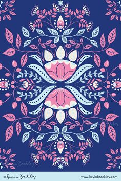 a blue and pink floral design with leaves