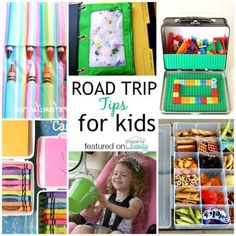 road trip tips for kids featured on the blog, organized with lots of colorful items