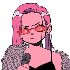 a woman with pink hair and glasses holding a microphone